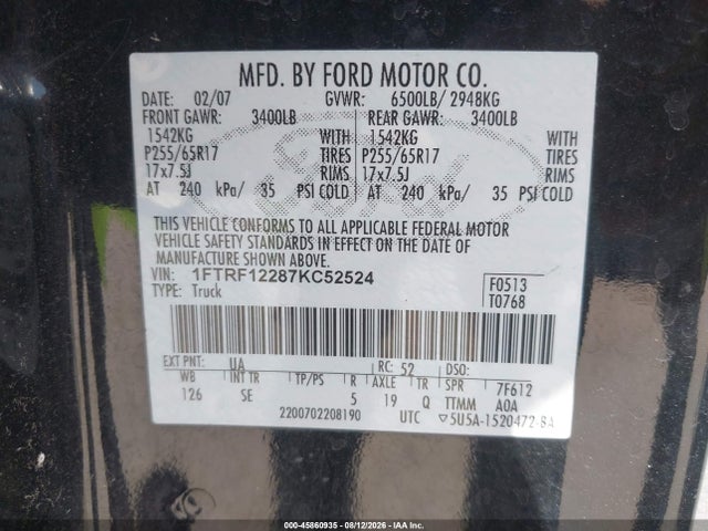 Aukcja sprzedaży 2007 Ford F-150 Stx/xl/xlt, vin: 1FTRF12287KC52524, numer aukcji: 45860935