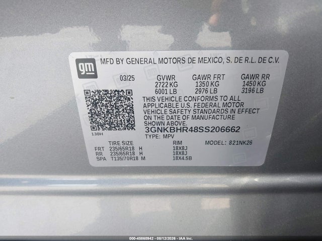 45860942 :رقم المزاد ، 3GNKBHR48SS206662 vin ، 2025 Chevrolet Blazer Awd 2lt مزاد بيع