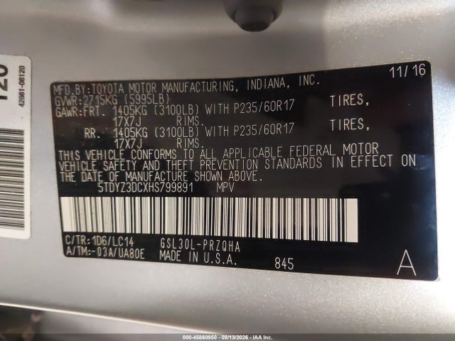 45860950 :رقم المزاد ، 5TDYZ3DCXHS799891 vin ، 2017 Toyota Sienna Xle Premium 8 Passenger مزاد بيع