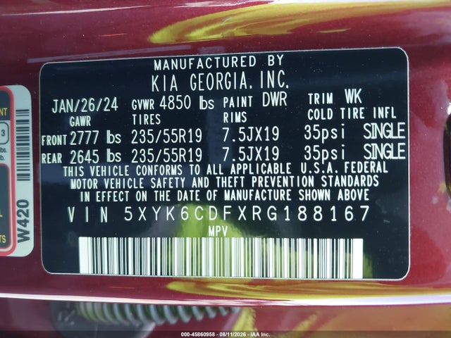 45860958 :رقم المزاد ، 5XYK6CDFXRG188167 vin ، 2024 Kia Sportage X-line مزاد بيع
