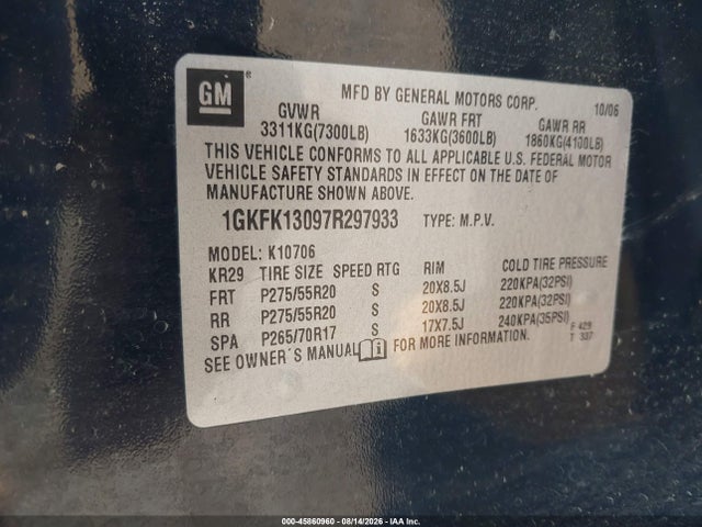 2007 Gmc Yukon Commercial მანქანა იყიდება აუქციონზე, vin: 1GKFK13097R297933, აუქციონის ნომერი: 45860960