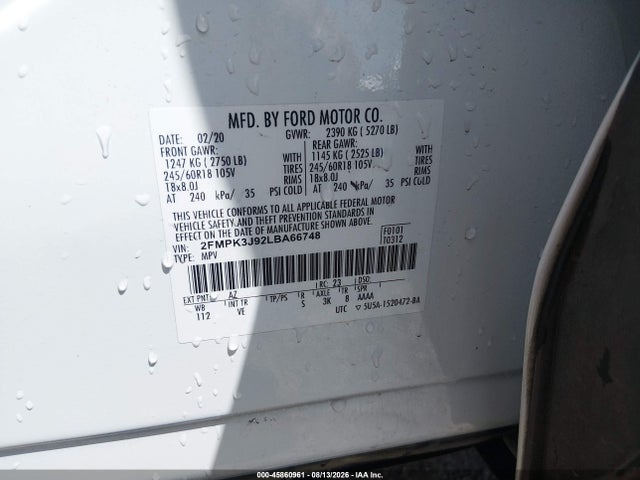 2020 Ford Edge Sel მანქანა იყიდება აუქციონზე, vin: 2FMPK3J92LBA66748, აუქციონის ნომერი: 45860961