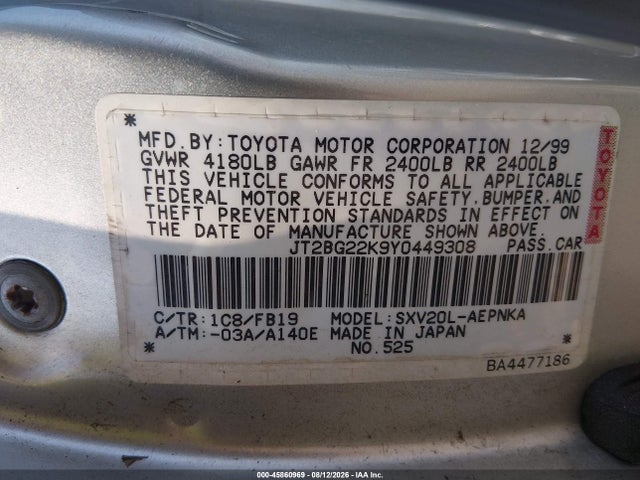 Продаж на аукціоні авто 2000 Toyota Camry Le, vin: JT2BG22K9Y0449308, номер лоту: 45860969
