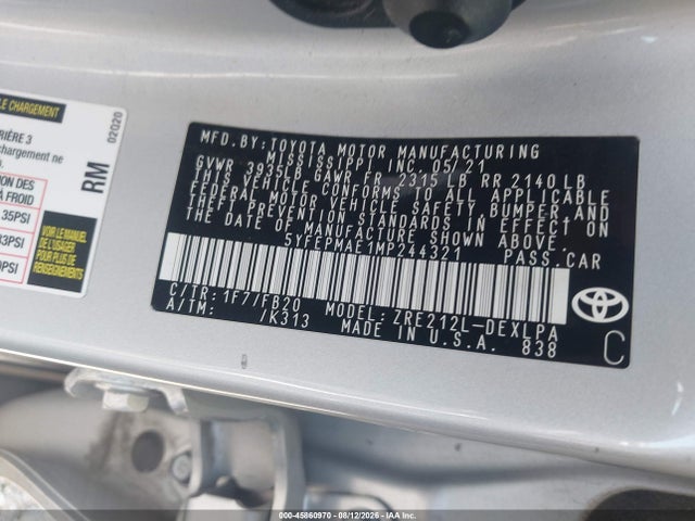 2021 Toyota Corolla Le მანქანა იყიდება აუქციონზე, vin: 5YFEPMAE1MP244321, აუქციონის ნომერი: 45860970