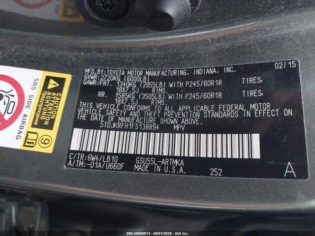 5TDJKRFH1FS138894 Toyota Highlander Xle V6