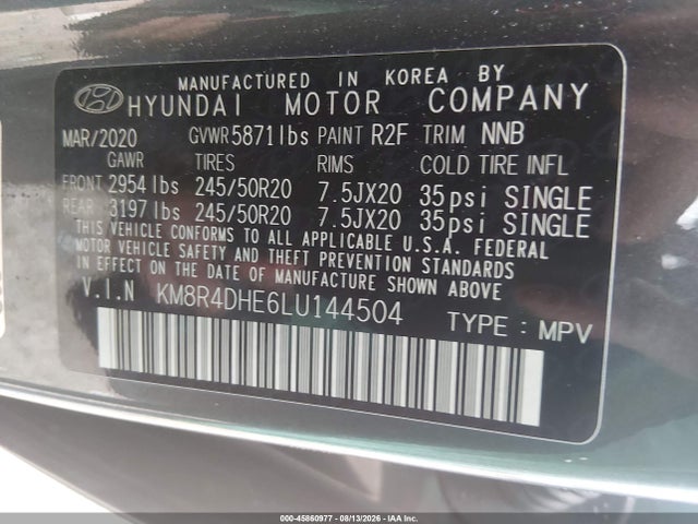 Продаж на аукціоні авто 2020 Hyundai Palisade Sel, vin: KM8R4DHE6LU144504, номер лоту: 45860977