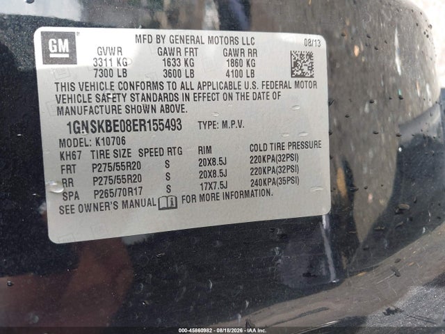 Aukcja sprzedaży 2014 Chevrolet Tahoe Lt, vin: 1GNSKBE08ER155493, numer aukcji: 45860982
