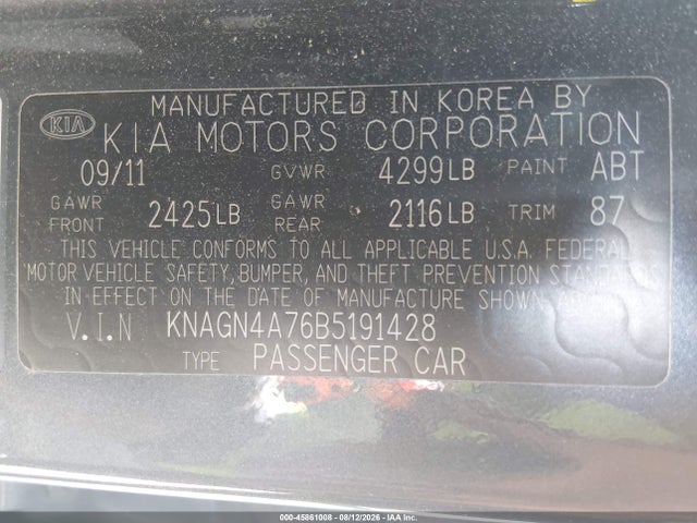 Продаж на аукціоні авто 2011 Kia Optima Ex, vin: KNAGN4A76B5191428, номер лоту: 45861008