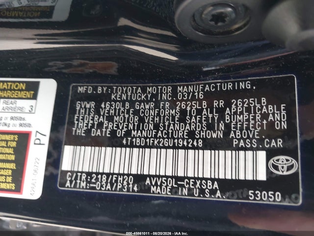 Продаж на аукціоні авто 2016 Toyota Camry Hybrid Se, vin: 4T1BD1FK2GU194248, номер лоту: 45861011