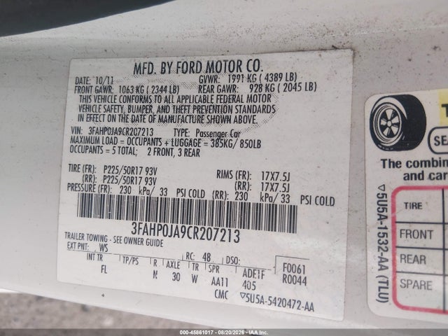 45861017 :رقم المزاد ، 3FAHP0JA9CR207213 vin ، 2012 Ford Fusion Sel مزاد بيع