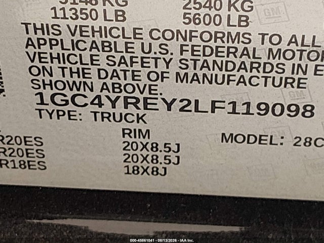 Продаж на аукціоні авто 2020 Chevrolet Silverado 2500hd 4wd  Standard Bed High Country, vin: 1GC4YREY2LF119098, номер лоту: 45861041