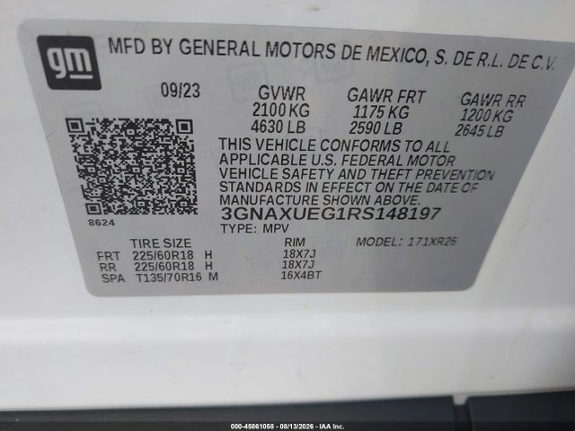 2024 Chevrolet Equinox Awd Lt მანქანა იყიდება აუქციონზე, vin: 3GNAXUEG1RS148197, აუქციონის ნომერი: 45861058