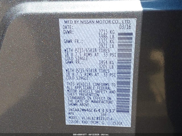 Продажа на аукционе авто 2016 Nissan Pathfinder S, vin: 5N1AR2MN4GC643337, номер лота: 45861077
