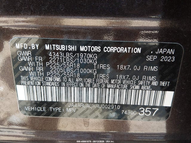 Aukcja sprzedaży 2024 Mitsubishi Outlander Sport 2.0 Le Awc, vin: JA4ARUAUXRU002910, numer aukcji: 45861079