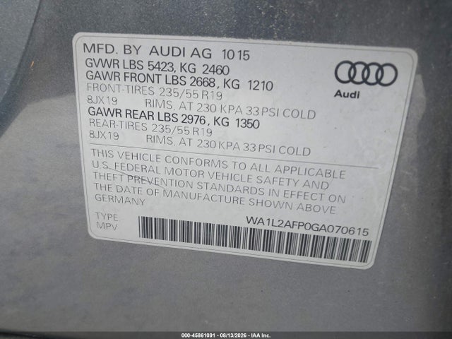 Продаж на аукціоні авто 2016 Audi Q5 2.0t Premium, vin: WA1L2AFP0GA070615, номер лоту: 45861091