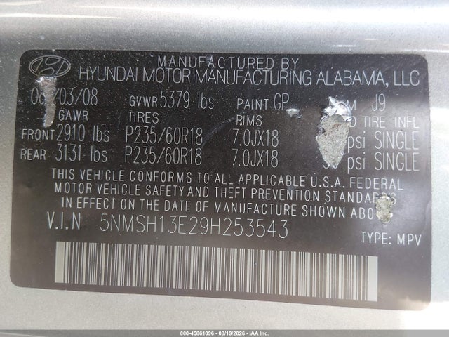 Продаж на аукціоні авто 2009 Hyundai Santa Fe Limited, vin: 5NMSH13E29H253543, номер лоту: 45861096