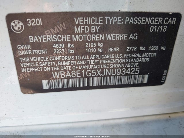 2018 Bmw 320i მანქანა იყიდება აუქციონზე, vin: WBA8E1G5XJNU93425, აუქციონის ნომერი: 45861107