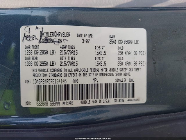 Продажа на аукционе авто 2007 Dodge Grand Caravan Se, vin: 1D4GP24R57B194105, номер лота: 45861110