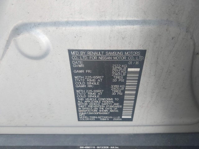 KNMAT2MV3GP649967 Nissan ROGUE SV