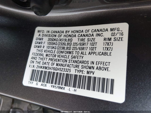 2016 Honda Cr-v Ex-l მანქანა იყიდება აუქციონზე, vin: 2HKRM3H76GH523325, აუქციონის ნომერი: 45861117