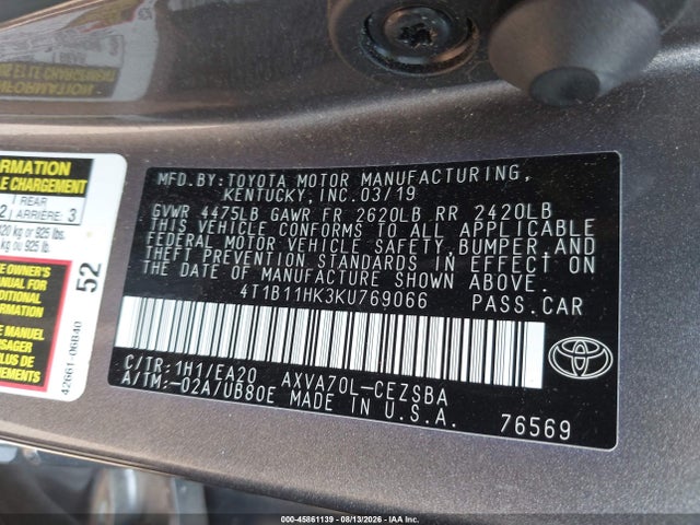 45861139 :رقم المزاد ، 4T1B11HK3KU769066 vin ، 2019 Toyota Camry Se مزاد بيع