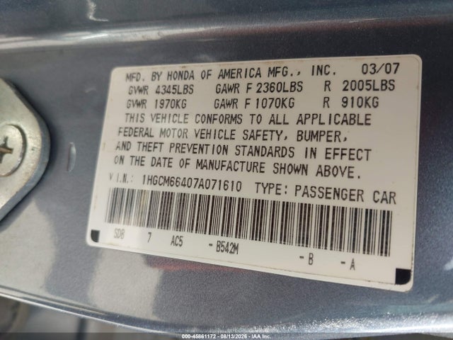 2007 Honda Accord 3.0 Se მანქანა იყიდება აუქციონზე, vin: 1HGCM66407A071610, აუქციონის ნომერი: 45861172