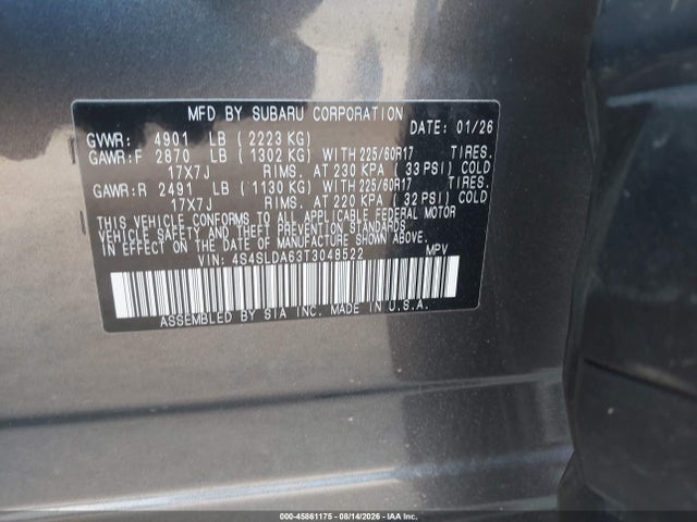 2026 Subaru Forester მანქანა იყიდება აუქციონზე, vin: 4S4SLDA63T3048522, აუქციონის ნომერი: 45861175