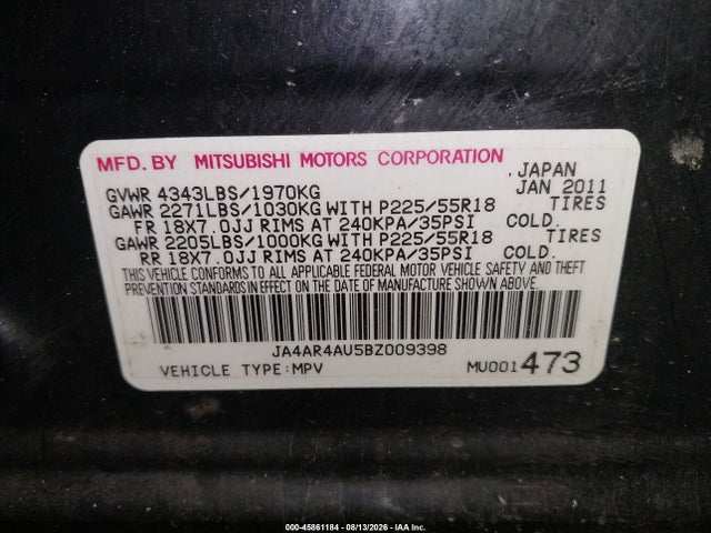 Aukcja sprzedaży 2011 Mitsubishi Outlander Sport Se, vin: JA4AR4AU5BZ009398, numer aukcji: 45861184