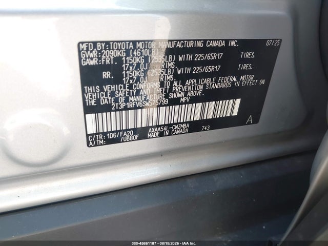 2025 Toyota Rav4 Xle მანქანა იყიდება აუქციონზე, vin: 2T3P1RFV6SW575799, აუქციონის ნომერი: 45861187