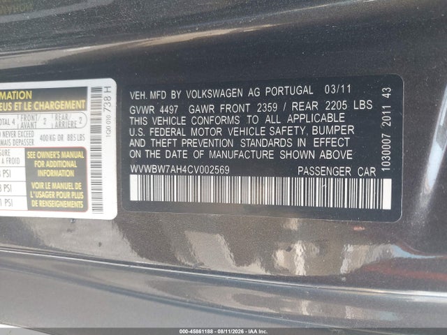 Продаж на аукціоні авто 2012 Volkswagen Eos Komfort, vin: WVWBW7AH4CV002569, номер лоту: 45861188