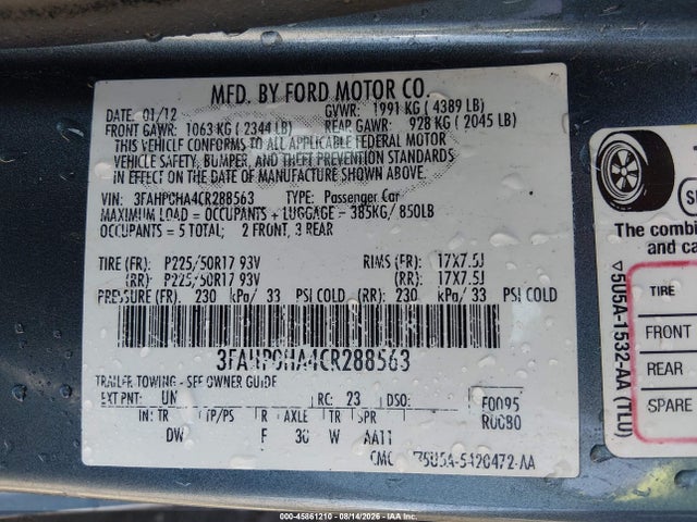 45861210 :رقم المزاد ، 3FAHP0HA4CR288563 vin ، 2012 Ford Fusion Se مزاد بيع