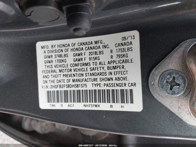 Продажа на аукционе авто 2013 Honda Civic Lx, vin: 2HGFB2F58DH581575, номер лота: 45861217