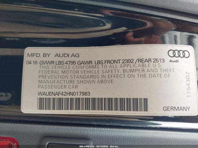 45861218 :رقم المزاد ، WAUENAF42HN017983 vin ، 2017 Audi A4 Premium Plus مزاد بيع