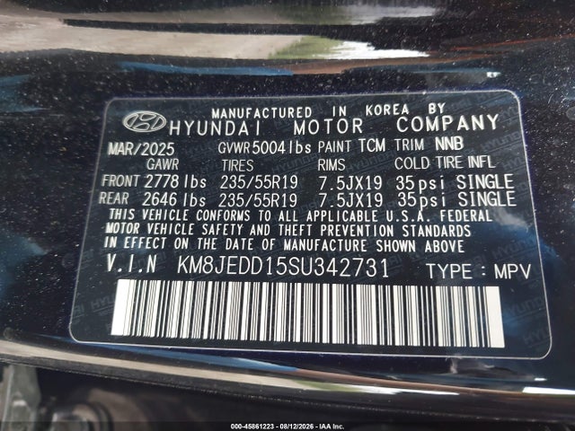 45861223 :رقم المزاد ، KM8JEDD15SU342731 vin ، 2025 Hyundai Tucson Hybrid Limited مزاد بيع