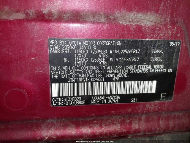 Aukcja sprzedaży 2019 Toyota Rav4 Le, vin: JTMF1RFV1KD029081, numer aukcji: 45861228
