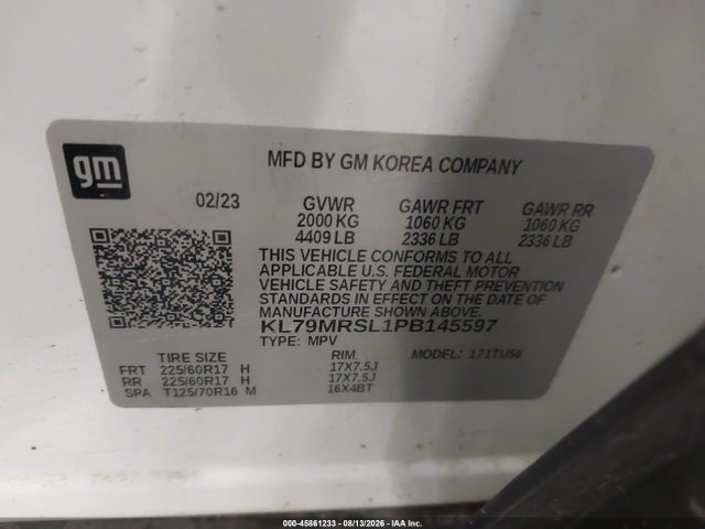 Aukcja sprzedaży 2023 Chevrolet Trailblazer Awd Lt, vin: KL79MRSL1PB145597, numer aukcji: 45861233