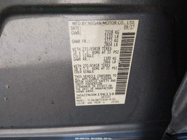 Nissan MURANO SV 2017 5N1AZ2MG4HN196158 Image 9
