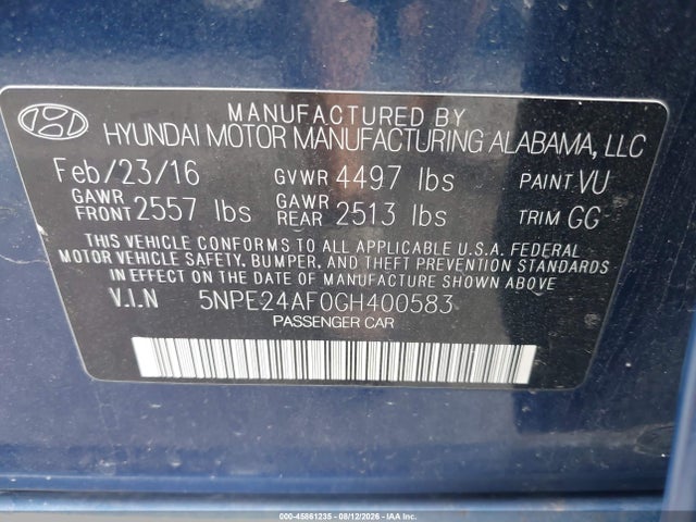 Hyundai Sonata 2016 5NPE24AF0GH400583 Image 9