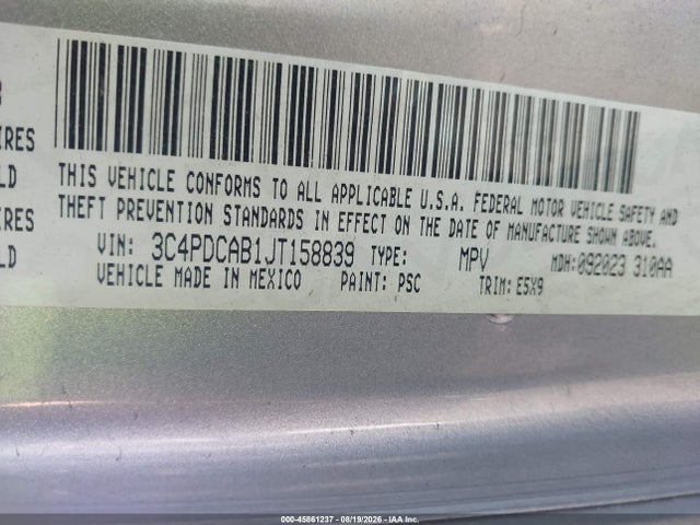 2018 Dodge Journey Se მანქანა იყიდება აუქციონზე, vin: 3C4PDCAB1JT158839, აუქციონის ნომერი: 45861237