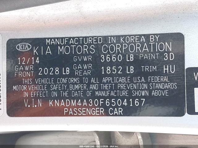 Продаж на аукціоні авто 2015 Kia Rio Lx, vin: KNADM4A30F6504167, номер лоту: 45861240