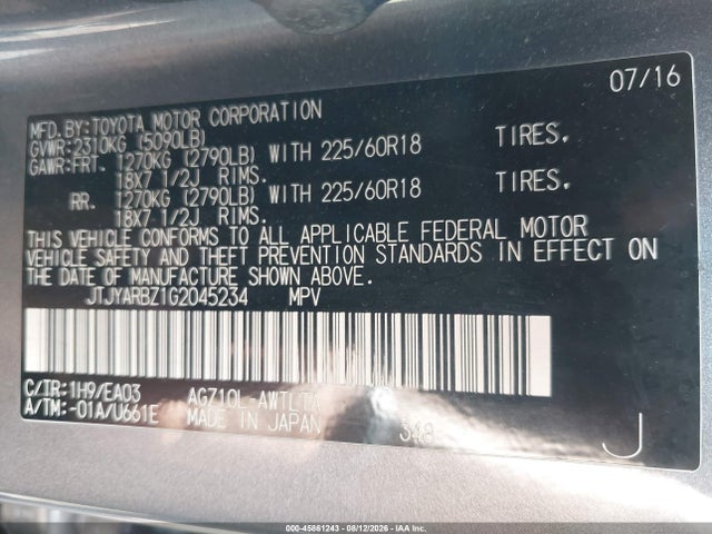 Aukcja sprzedaży 2016 Lexus Nx 200t, vin: JTJYARBZ1G2045234, numer aukcji: 45861243