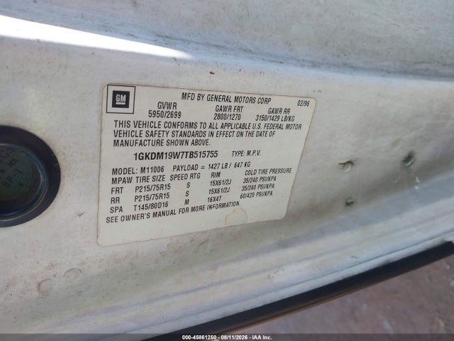 Aukcja sprzedaży 1996 Gmc Safari Xt, vin: 1GKDM19W7TB515755, numer aukcji: 45861250