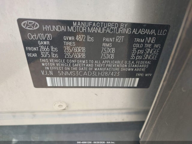 Продаж на аукціоні авто 2020 Hyundai Santa Fe Sel, vin: 5NMS3CAD3LH287423, номер лоту: 45861258