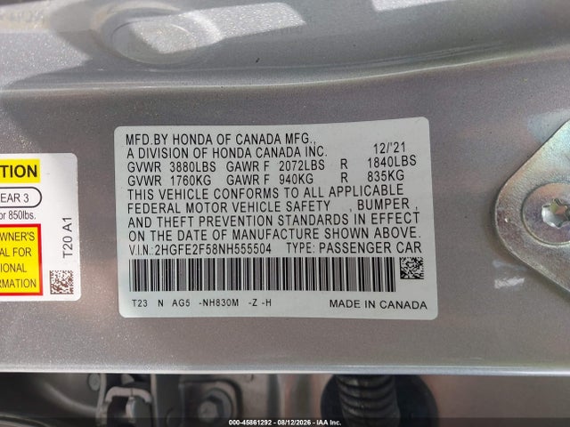 Продаж на аукціоні авто 2022 Honda Civic Sport, vin: 2HGFE2F58NH555504, номер лоту: 45861292