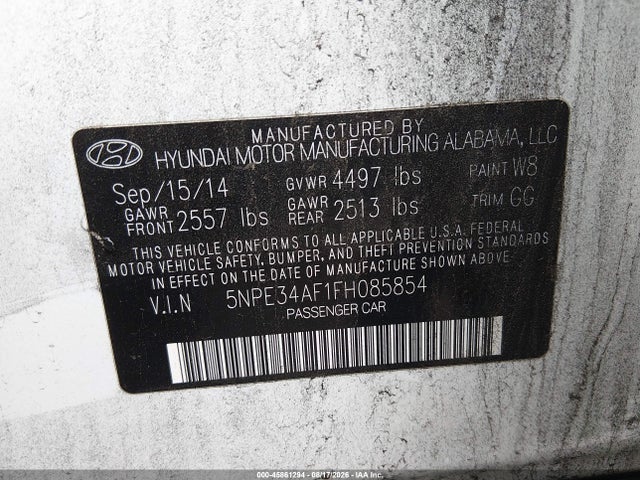 2015 Hyundai Sonata Sport მანქანა იყიდება აუქციონზე, vin: 5NPE34AF1FH085854, აუქციონის ნომერი: 45861294