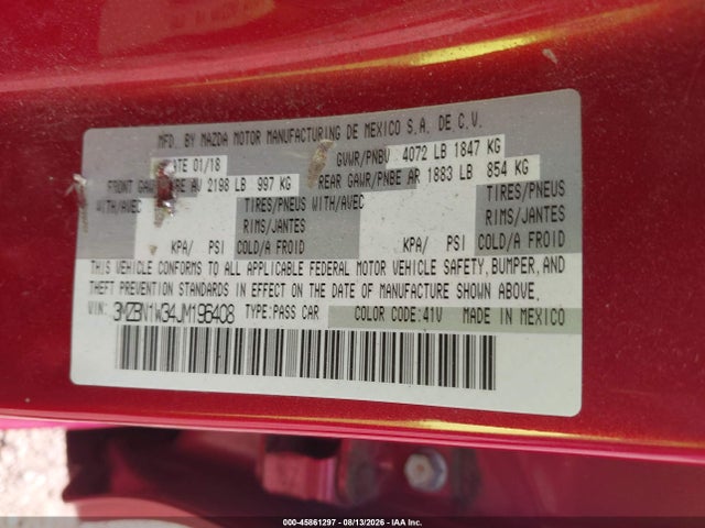 45861297 :رقم المزاد ، 3MZBN1W34JM196408 vin ، 2018 Mazda Mazda3 Grand Touring مزاد بيع