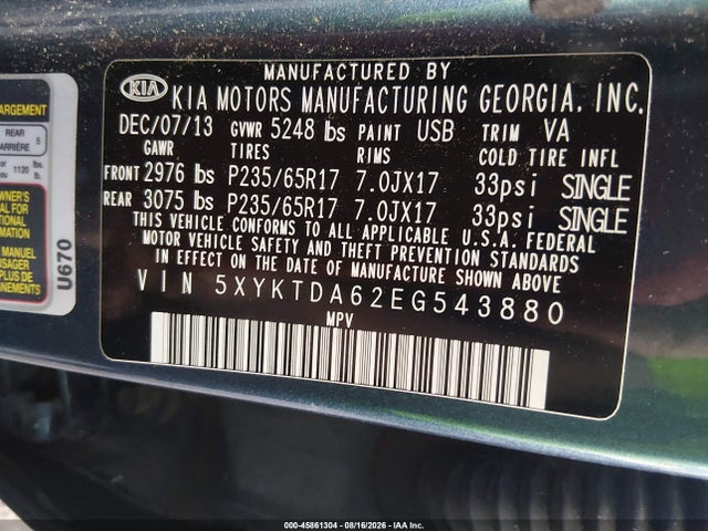 KIA SORENTO LX 2014 5XYKTDA62EG543880 Image 9