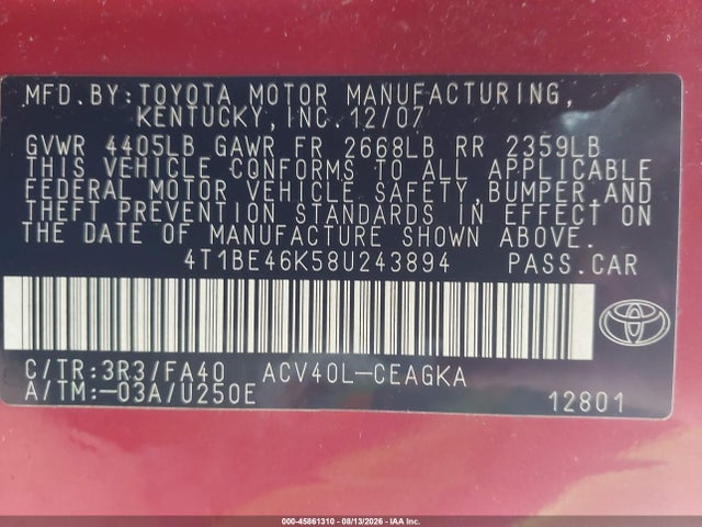 Продажа на аукционе авто 2008 Toyota Camry Xle, vin: 4T1BE46K58U243894, номер лота: 45861310