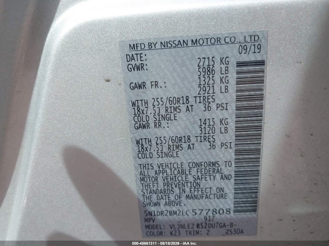 Nissan Pathfinder Sv 4wd 2020 5N1DR2BM2LC577808 Image 9