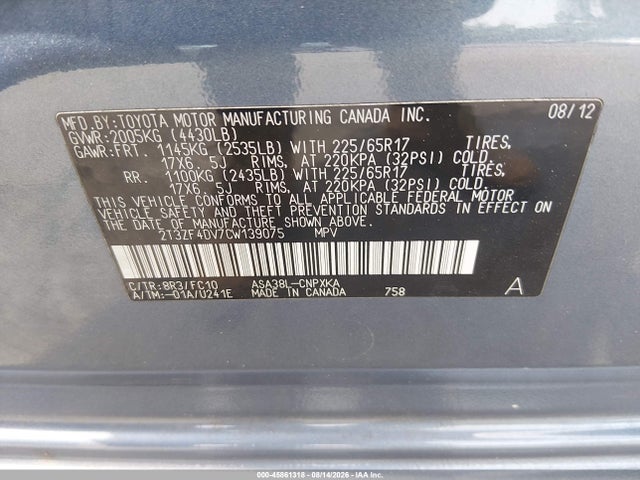 2012 Toyota Rav4 მანქანა იყიდება აუქციონზე, vin: 2T3ZF4DV7CW139075, აუქციონის ნომერი: 45861318
